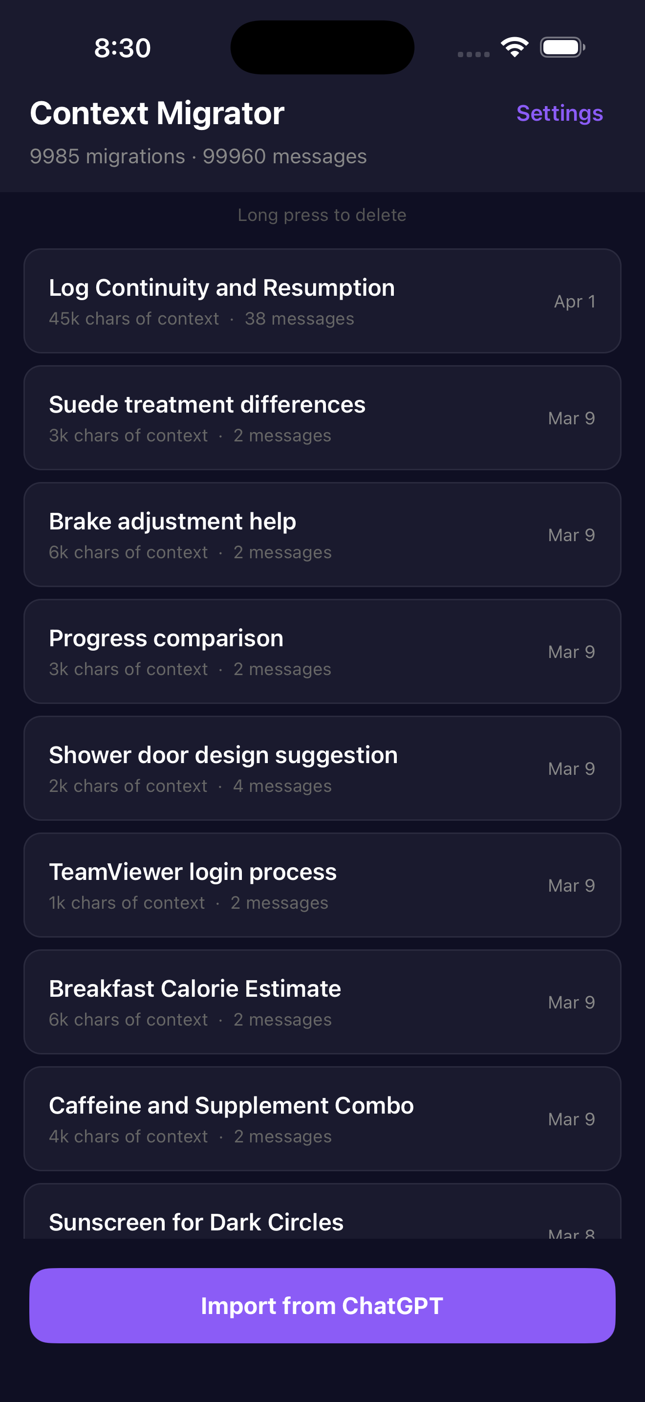Choosing which ChatGPT conversations to migrate, each one listed with its title